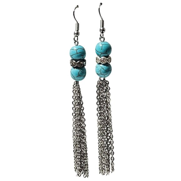 Turquoise Beaded Silver Tone Chain Dangle Earrings Southwest Boho Fashion Women - Picture 1 of 4